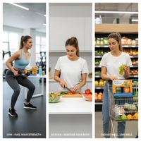 Woman exercising in gym, woman chopping vegetables in kitchen, woman grocery shopping with 14-Day Gut-Reboot Starter Pack in cart