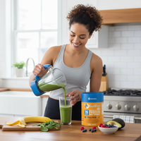Woman pouring green GutSlim Probiotics Diet Shake into glass in kitchen with fruits and GutSlim container on counter
