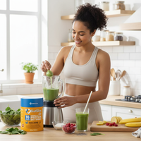 woman preparing GutSlim Probiotics Diet Shake in kitchen with blender and green smoothie on counter