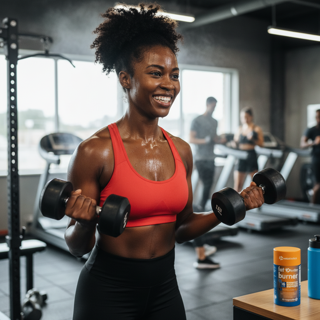 Fit woman lifting dumbbells in gym with GutSlim Probiotics Fat Burner supplement on table