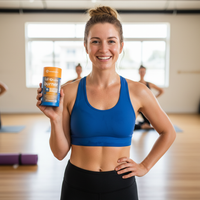 fit woman holding GutSlim Probiotics fat burner supplement container in gym setting