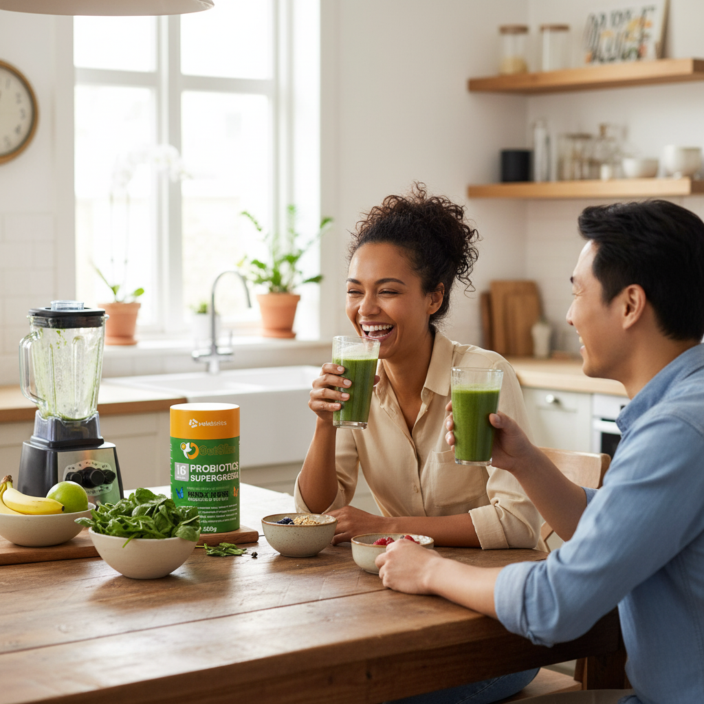 Couple enjoying GutSlim Probiotics SuperGreens green smoothie at kitchen table with fresh fruits and blender nearby