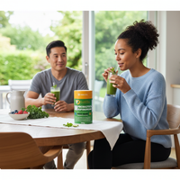 Couple enjoying green smoothies with GutSlim Probiotics SuperGreens for gut health and energy