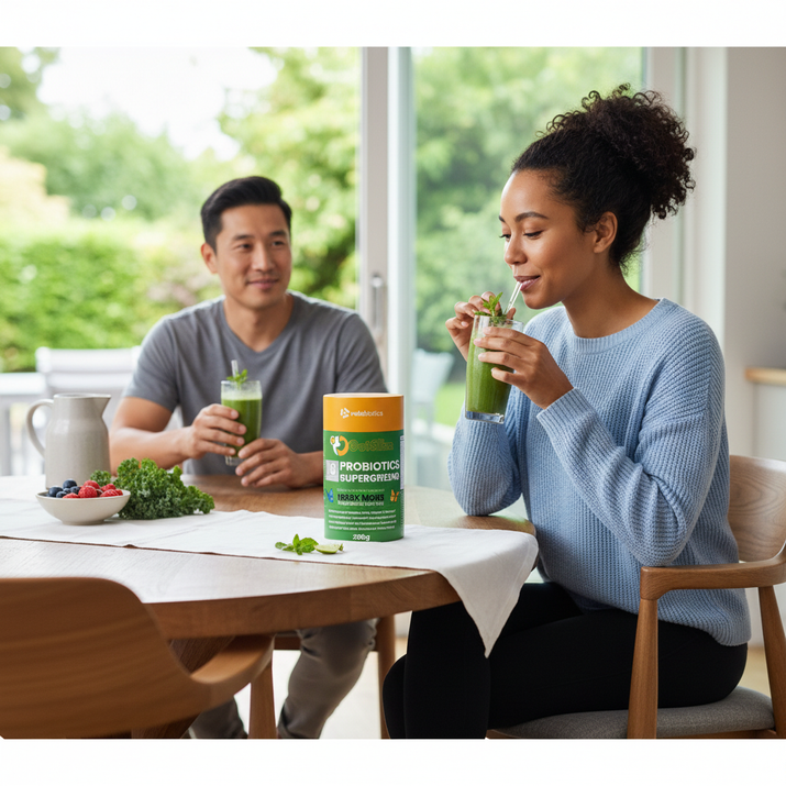 Couple enjoying green smoothies with GutSlim Probiotics SuperGreens for gut health and energy