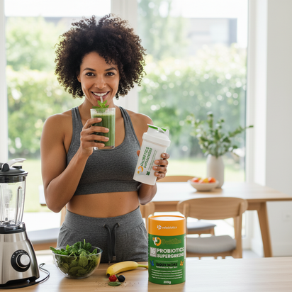 Woman drinking GutSlim Probiotics SuperGreens green smoothie for gut health and energy.