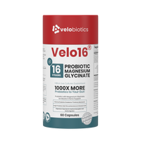 Velo16 Probiotics Magnesium Glycinate supplement bottle with 16-strain probiotics for gut and muscle support, 60 capsules.