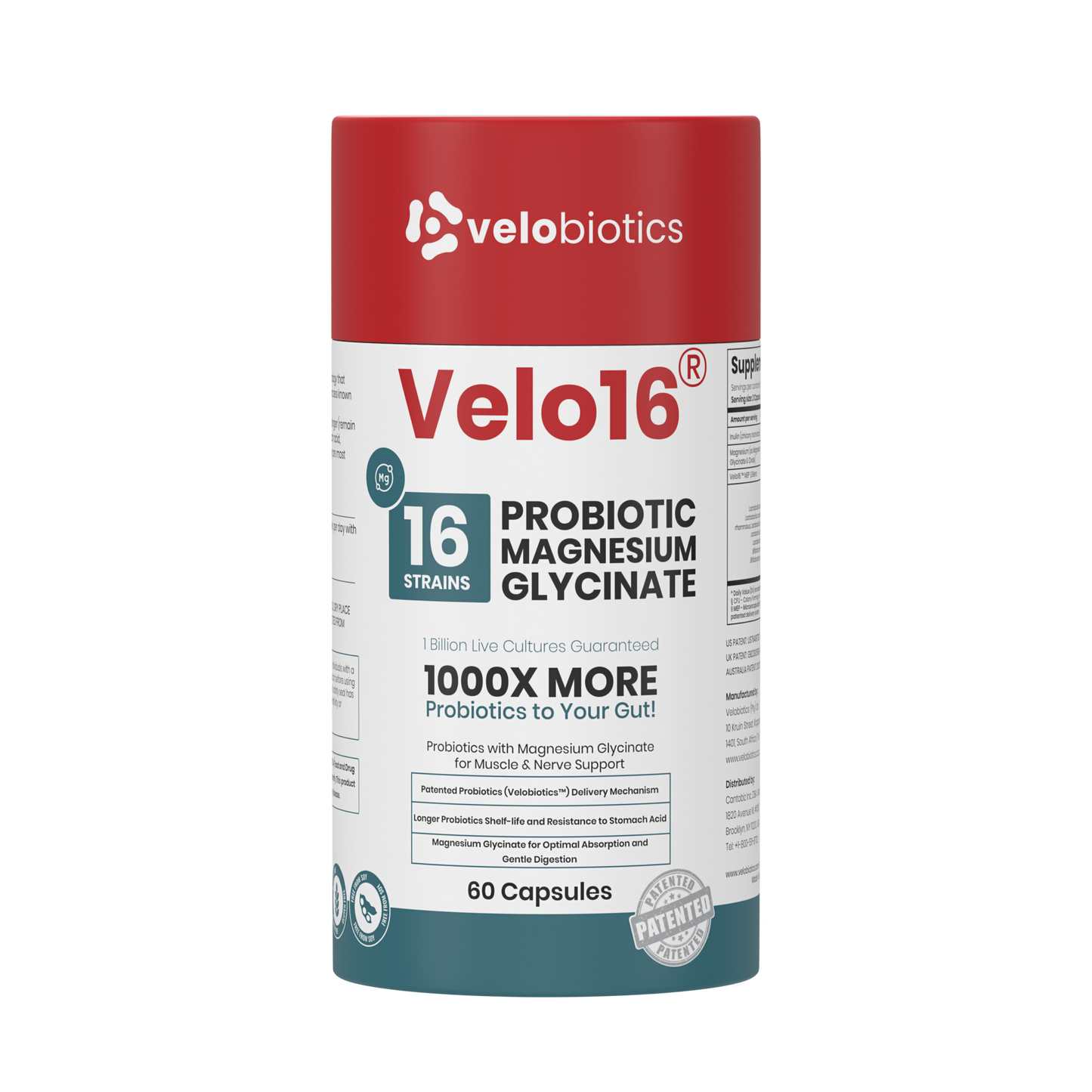 Velo16 Probiotics Magnesium Glycinate supplement bottle with 16-strain probiotics for gut and muscle support, 60 capsules.