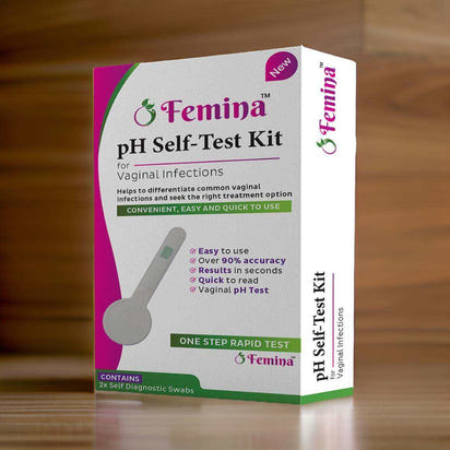 Femina Vaginal pH Self-Test Kit box with test strips for accurate intimate health monitoring at home